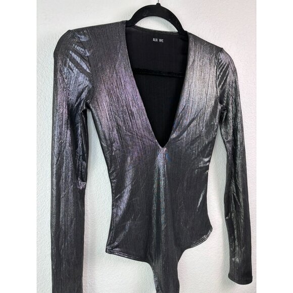 Alix NYC women's XS Irving Lamé Bodysuit sliver metallic plunge neck long sleeve - Picture 3 of 8